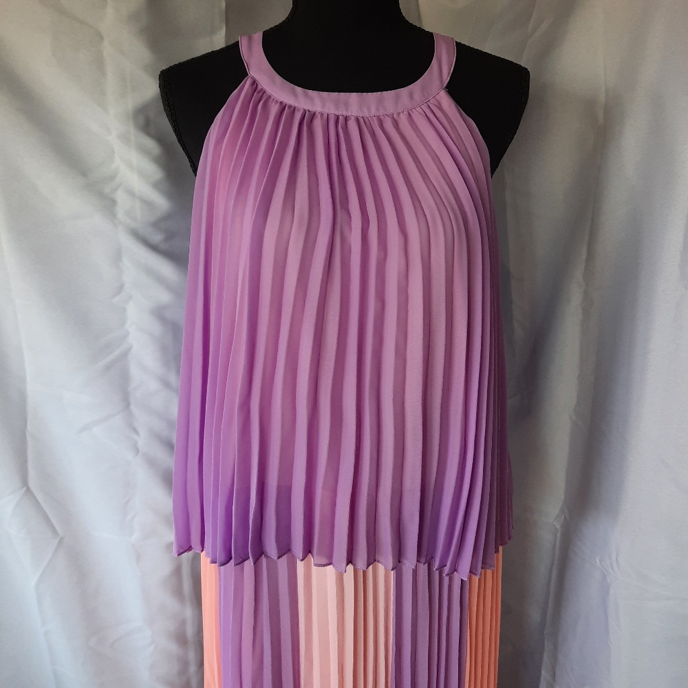 Cato Maxi Dress Womens 18-20 Peach Lavender Halter Neck Pleated Layered Lined - Picture 4 of 14